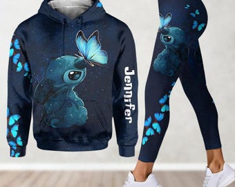 Sudadera con capucha personalizada de Stitch, leggings para mujer, pantalones de yoga de Disney, sudadera con capucha de la película de dibujos animados, leggings de entrenamiento, regalo de Lilo y Stitch para ella