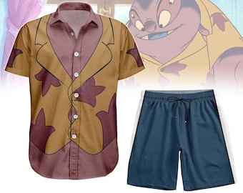 Jumba Jookiba Kostüm Knopf Shirt, Herren Shorts, Lilo und Stitch Charakter Cosplay, Disney Cartoon Hawaiihemd, Film Halloween Geschenk