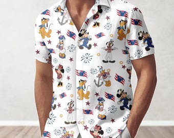 Camisa de botones de Mickey y sus amigos del 4 de julio de 2026, camisa hawaiana de Disney Cruise, regalo de Disney para el Día de la Independencia, pantalones cortos navideños de Disney USA