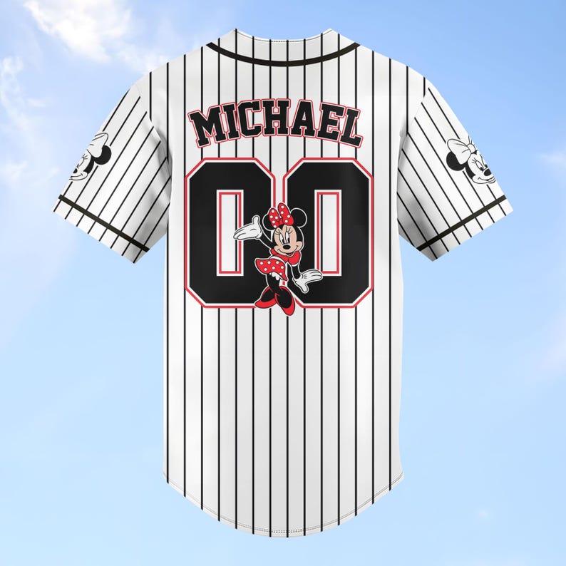 Custom Minnie Mouse Striped Baseball Jersey, Disney Minnie Baseball Shirt, Disneyland Jersey, Disneyworld Shirt, Magic Kingdom Gifts