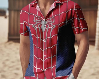 Spider-Man Costume Shirt, Spiderman Button Shirt, Men Shorts, Spider Man Cosplay Costume, Spidey Hawaiian Shirt,Superhero Cartoon Shirt
