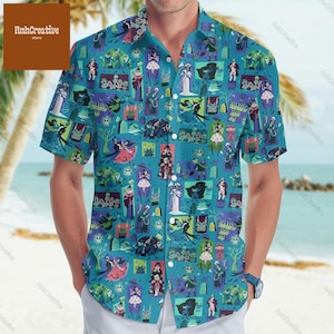 May include: A turquoise blue short-sleeved button-down shirt with a colourful, cartoon-style print of various characters. The print features a variety of colours, including purple, green, pink, and yellow.