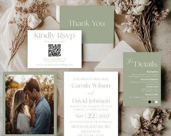 Sage Green Wedding Invitation Template Sage Simple Wedding Invite Suite Qr Code, Minimalist Wedding Invites Set Digital Rsvp Invite BD005