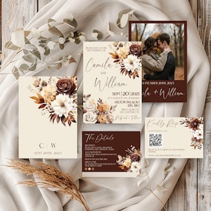 Puede incluir: Un conjunto de invitaciones de boda con temática otoñal. La invitación presenta un diseño floral con flores marrones, blancas y amarillas. El texto de la invitación dice: "Por favor, únase a nosotros para la boda de Camila y William, el 20 de septiembre de 2025 a las 5:00 p. m., Hilton Palacio del Rio, 200 S Alamo St, San Antonio, TX. Recepción a continuación."
