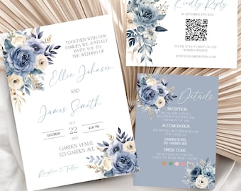 Dusty Blue Wedding Invitation Suite, Boho Wedding Invitation QR Code, Dusty Blue Wedding Invitation, Digital Invitation Template Set