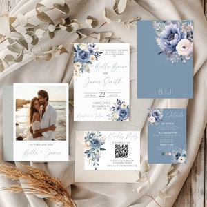 Dusty Blue Hochzeitseinladung Vorlage Set Dusty Blue Einladungen mit Rsvp Qr Code Boho Hochzeitseinladung QR Code Blumenhochzeit lädt ein