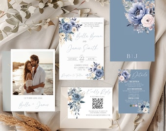 May include: Wedding invitation suite with a blue and white floral design. The invitation features the names "Bella Brown" and "James Smith" with the date "October 22nd, 2024". The RSVP card includes a QR code and the website "www.bellajamesswedding.com".