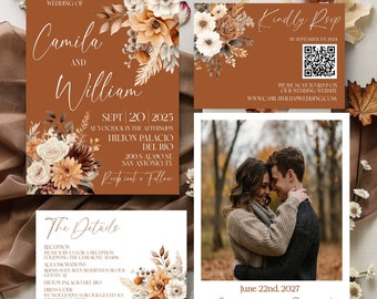 May include: A set of wedding stationery in shades of brown and white, featuring floral arrangements. The invitation reads "Camila and William" with the date "Sept 20, 2025". A photo card shows a couple. Other cards include RSVP and details.