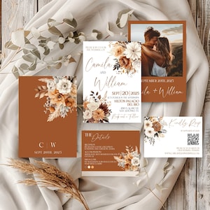 Herbst-Hochzeits-Einladungs-Set Blumen-Hochzeits-Einladung Boho-Hochzeits-Einladung Qr Code Rsvp Terrakotta-Hochzeits-Einladung Pampas BD008