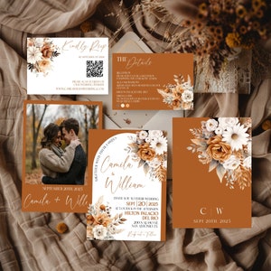 Boho Terracotta Wedding Invite, Arch Wedding Invitation Template, Boho Pampas Wedding Invitation, Floral Photo Wedding Invitation Suite