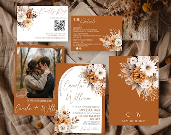 Boho Terracotta Wedding Invite, Arch Wedding Invitation Template, Boho Pampas Wedding Invitation, Floral Photo Wedding Invitation Suite