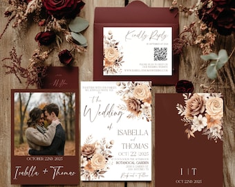 Dark Deep Burgundy Fall Wedding Invites Templates, Boho Fall Wedding Invitation Bundle, Peach Floral Wedding Invitation, Printable invite,