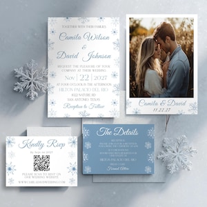 Blue Winter Wedding Invitations Sets, Snowflake Wedding Invitations, Winter Wonderland Wedding Suite, Winter Themed Wedding Invitation BD025