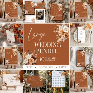 Könnte beinhalten: Eine Sammlung von Vorlagen für Hochzeitsbriefpapier in Braun-, Weiß- und Orangetönen. Das Paket enthält Einladungen, Schilder und Tischkarten, alle mit floralen Designs. Der Text "Large Wedding Bundle" ist prominent dargestellt.