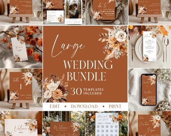 May include: A collection of wedding stationery templates in shades of brown, white, and orange. The bundle includes invitations, signage, and table cards, all featuring floral designs. The text "Large Wedding Bundle" is prominently displayed.