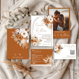 Invitations de mariage florales d'automne, suite d'invitations de mariage rustique d'automne, modèle d'invitation de mariage en arc, ensemble d'invitation de mariage bohème en terre cuite