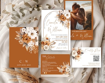 Fall Floral Wedding Invitations, fall rustic wedding invitation Suite, Arch Wedding Invitation Template, Terracotta Boho Wedding Invite Set