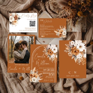 Fall Rustic Wedding invitations, Terracotta Boho Wedding Invite,  Fall Wedding Invitation Suite, Arch Wedding Invitation Template, Pampas