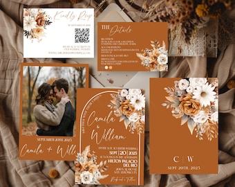 Rustikale Hochzeitseinladungen im Herbst, Terrakotta Boho-Hochzeits-Einladung, Herbst-Hochzeits-Einladungs-Passe, Bogen-Hochzeitseinladungs-Vorlage, Pampas