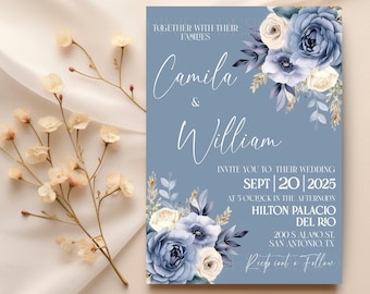 May include: A rectangular wedding invitation card with a dusty blue background, featuring white script text for the names Camila and William. The design includes floral illustrations of blue and cream roses in the top right and bottom left corners.