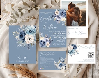 Convites de casamento em azul-poeira, Conjunto de convites de casamento elegantes em azul, Convite de casamento com foto floral, Convite de casamento boho com código QR RSVP