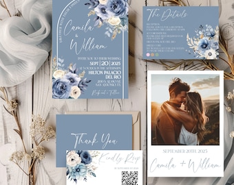 Conjunto de convites de casamento em azul-poeira, convites com fotos florais, convites de casamento boho com código QR, modelos de convites em arco, Pampas