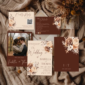 Set di inviti per matrimonio color pesca bordeaux, invito per matrimonio color rosa, invito per matrimonio floreale autunnale, invito per matrimonio boho con foto, codice QR