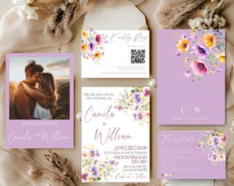 Garden Theme Wedding Invitation Spring Wedding Invitation Suite Floral Wedding Template Editable Printable Wedding Bundle Wildflower BD032