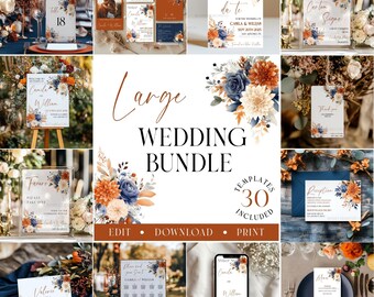 May include: A collection of wedding stationery templates featuring floral designs in shades of blue, orange, and cream. The bundle includes invitations, table cards, and signage. Text includes "Large Wedding Bundle" and "Edit, Download, Print".
