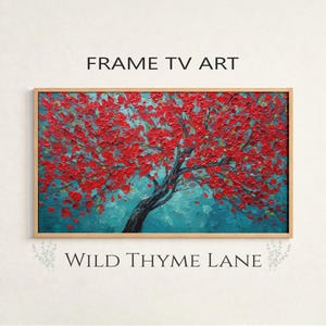 Könnte beinhalten: Gerahmtes Kunstwerk mit einem Baum mit roten Blättern vor türkisfarbenem Hintergrund. Der Baum hat einen dunklen Stamm und Äste. Der Text "FRAME TV ART" und "WILD THYME LANE" sind zu sehen. Das Kunstwerk ist in einem Holzrahmen.