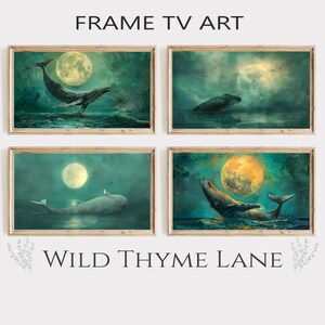 Könnte beinhalten: Vier gerahmte Kunstdrucke mit Walen unter einem mondbeschienenen Himmel. Das Kunstwerk hat eine teal- und goldfarbene Farbpalette. Der Text "FRAME TV ART" und "WILD THYME LANE" wird oben und unten im Bild angezeigt.