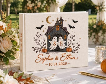 Personalized Halloween Wedding Guest Book, Custom Couple Names Guestbook, Hand Embroidered Ghost Wedding Book, Spooky Bridal Shower Gif