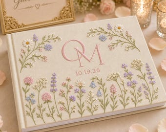 Wedding Memory Guest Book, Personalized Couple Names And Date, Embroidered Floral Cover, Custom Bridal Keepsake, Reception Table Decor