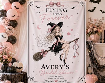 Personalized Halloween Flying Into Forever Bridal Shower Tapestry, Witch Bride Banner, Witchy Bachelorette Party Backdrop