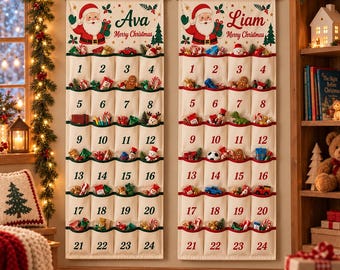 Personalized Christmas Advent Calendar, 24 Pocket Fabric Countdown, Custom Name Kids Wall Hanging, Reusable Holiday Tradition