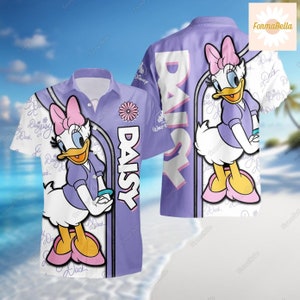 Camisa hawaiana de Halloween con el pato Daisy, camisa con botones del pato Daisy, camisa hawaiana de la película de dibujos animados, atuendo de pato de Disney, camisa de vacaciones para adultos jóvenes