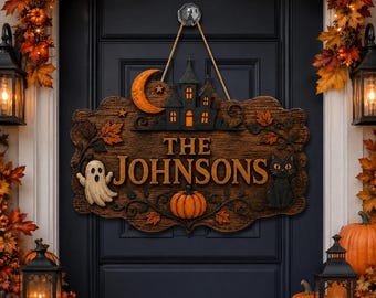 Custom Family Name Halloween Sign, Personalized Wooden Door Hanger, Haunted House Black Cat Decor, Spooky Autumn Porch Welcome For Home