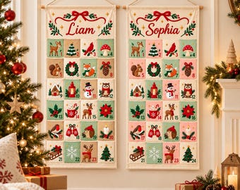 Personalized Holiday Advent Calendar, Custom Name Christmas Countdown, Reusable Fabric 24 Pocket Wall Hanging