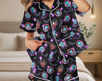 Horror Movie Short Satin Pajamas, Michael Myers Jason Freddy Set, Halloween Killer Sleepwear, Spooky Slasher Pajamas, Scary Fan Outfit