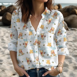 Winnie The Pooh Blouse Shirt, Disney Bear Button Shirt, Pooh Bear Button Down Blouse, Disney Pooh Bear Linen-look Shirt, Blouse Shirt