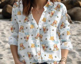 Winnie The Pooh Blouse Shirt, Disney Bear Button Shirt, Pooh Bear Button Down Blouse, Disney Pooh Bear Blouse Shirt, Blouse Shirt