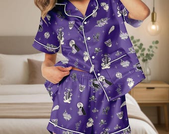 Pijama curto de cetim dos vilões da Disney, pijama curto de cetim roxo, traje da rainha má Úrsula Malévola, pijama de cetim da mais bela de todas