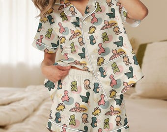 Dinosaur Short Satin Pajamas, Cute Dino Sleepwear For Women, Funny Loungewear Shorts, Dinosaur Pajama Shorts, Prehistoric Pajama Gift
