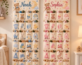 Kids Christmas Countdown Calendar, Personalized Name Advent Calendar, Reusable 24 Pocket Fabric Wall Hanging
