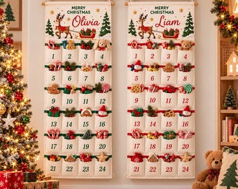Christmas Advent Calendar with Name, Personalized 24 Pocket Fabric Countdown, Kids Wall Hanging Holiday Decor