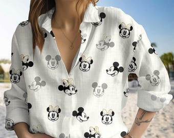 Mickey And Minnie Blouse Shirt, Cute Disney Couple Button Down Blouse, Mickey Minnie Shirt For Women, Disney Mouse Blouse Shirt