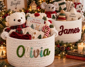 Personalized Holiday Gift Basket, Custom Name Rope Basket, Baby Christmas Eve Basket, Reusable Christmas Storage Basket