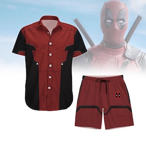 Deadpool-kostuum Halloween, Hawaiiaans shirt Deadpool, Deadpool 3 herenshort, shirt superhelden button-up, cadeaus Wade Wilson-kostuum