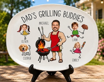 Dad’s Grilling Buddies Plate for Father’s Day Gift, Personalized Plastic BBQ Platter From Kids And Pets, Custom BBQ Gift For Dad