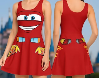 Vestido skater de Rayo McQueen, disfraz rojo de Pixar Disneybound, disfraz de la película Cars, bonito vestido de cosplay para mujer para un viaje a Disneyland.